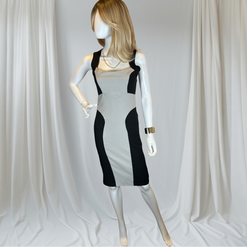 LRK Elegant Black and Gray Sheath Midi Dress